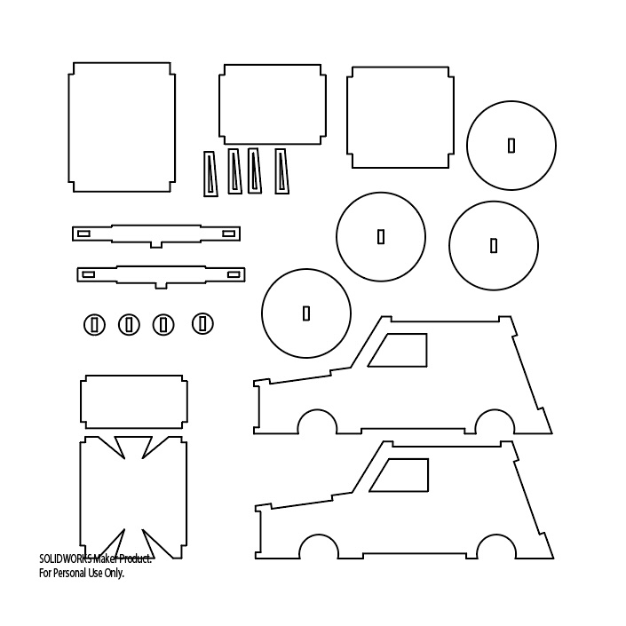 The laser-cut windup car pattern.